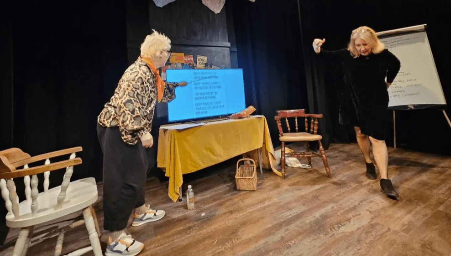 Jenny Eclair and Judith Holder practising for a live show